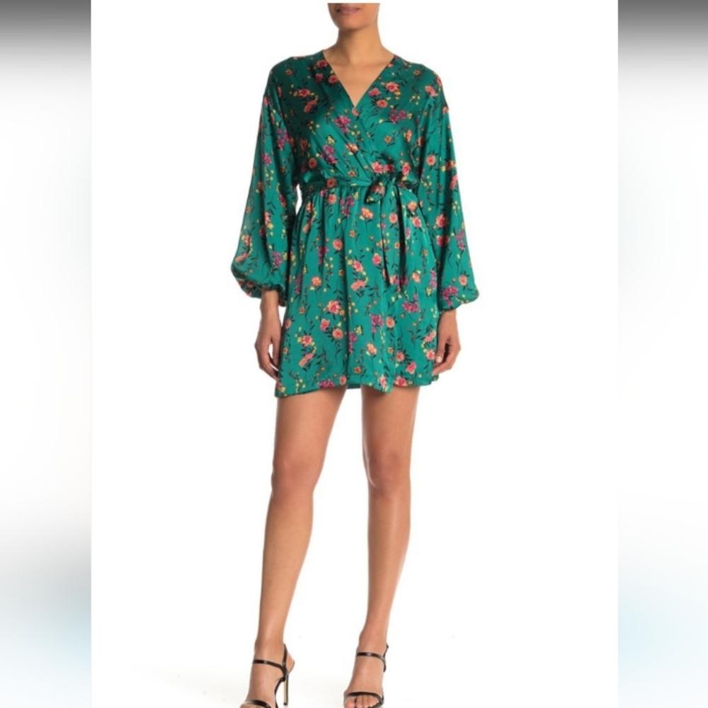 Socialite Green Floral Wrap Silk Effect Dress